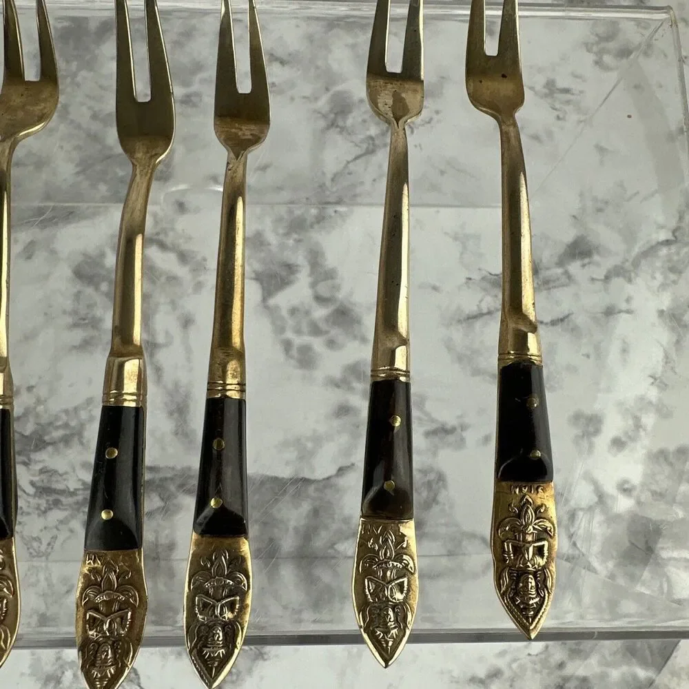 Vintage Mid Century Modern Siam Appetizer Forks 9‎ Piece Brass Thailand Buddha